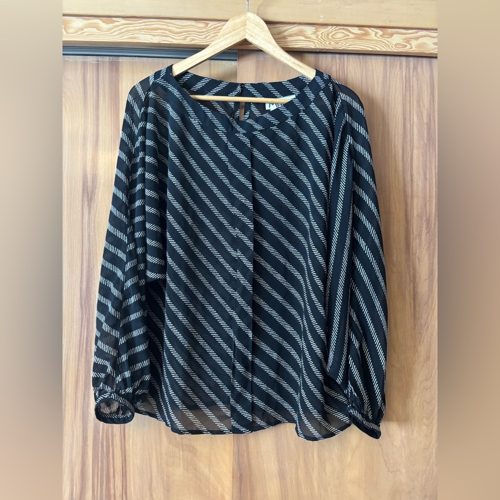 Vintage Striped Blouse, Malbe, Black and White lightweight flowy silky Top